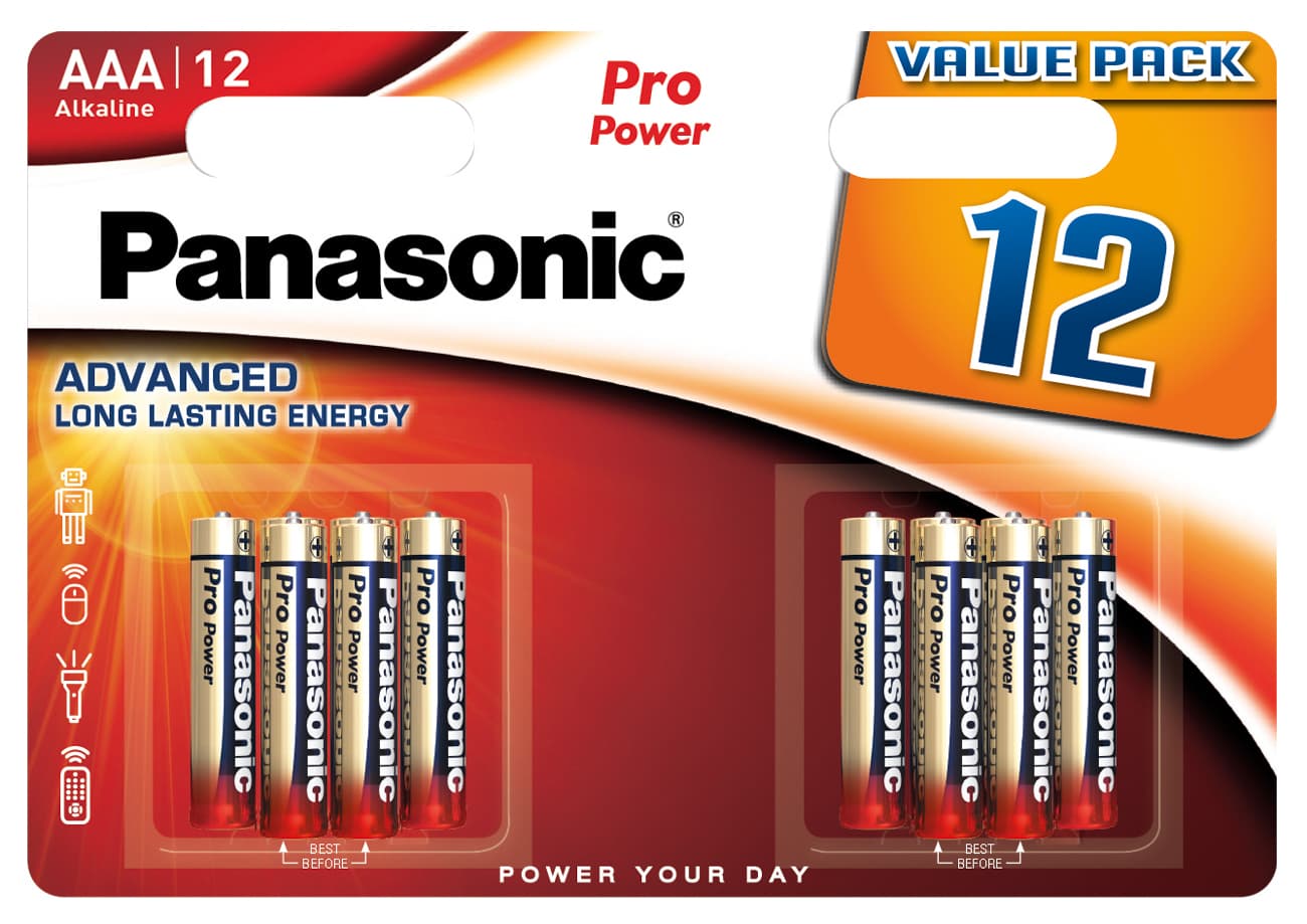 Lot de 12 piles micro AAA Panasonic Pro Power, idéales pour les appareils à consommation d'énergie moyenne et élevée.