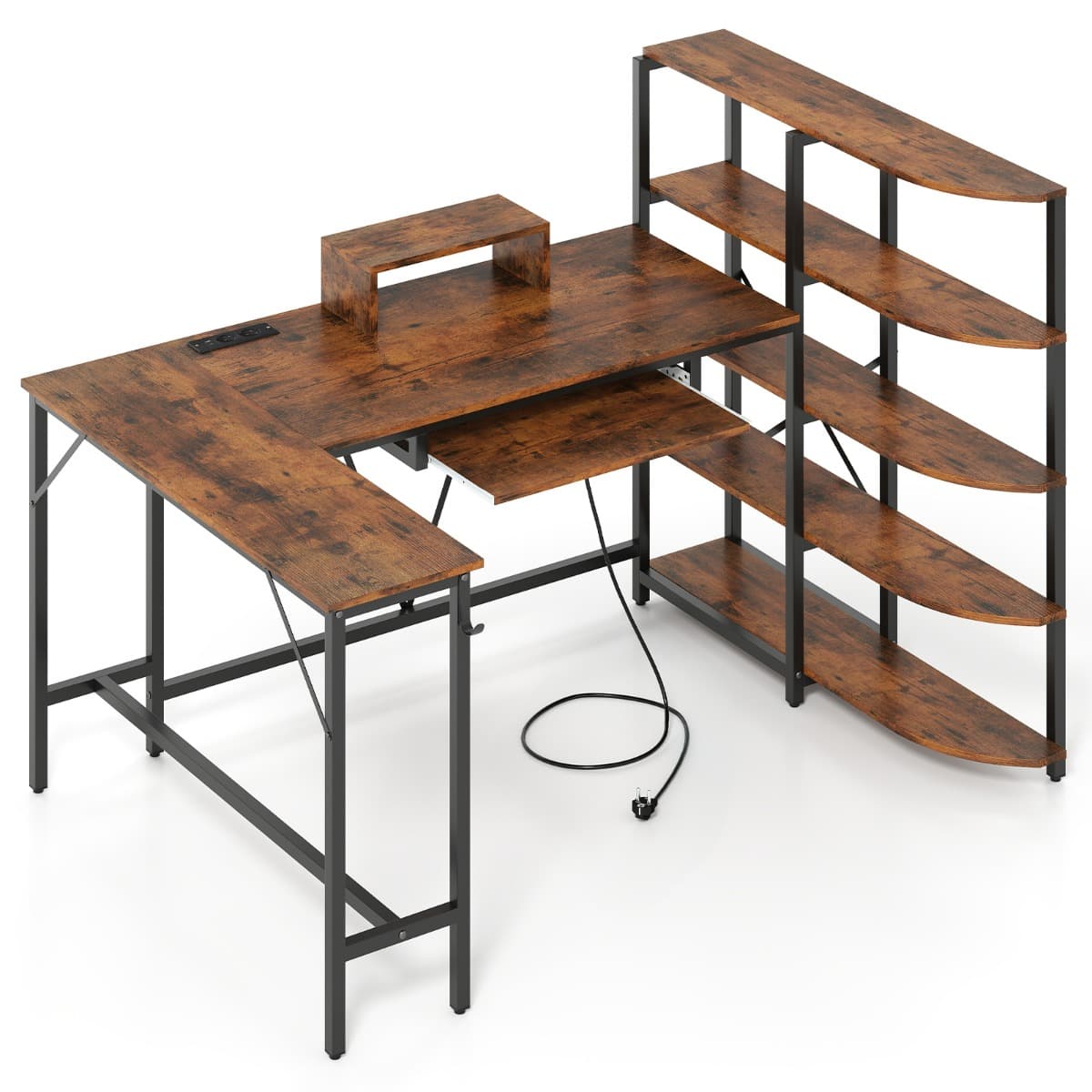 CostwayBureau en L avec Étagères de Rangement Bureau d’Ordinateur d’Angle avec Station de Charge Bureau de Jeu 160*108*109cm Marron Rustique